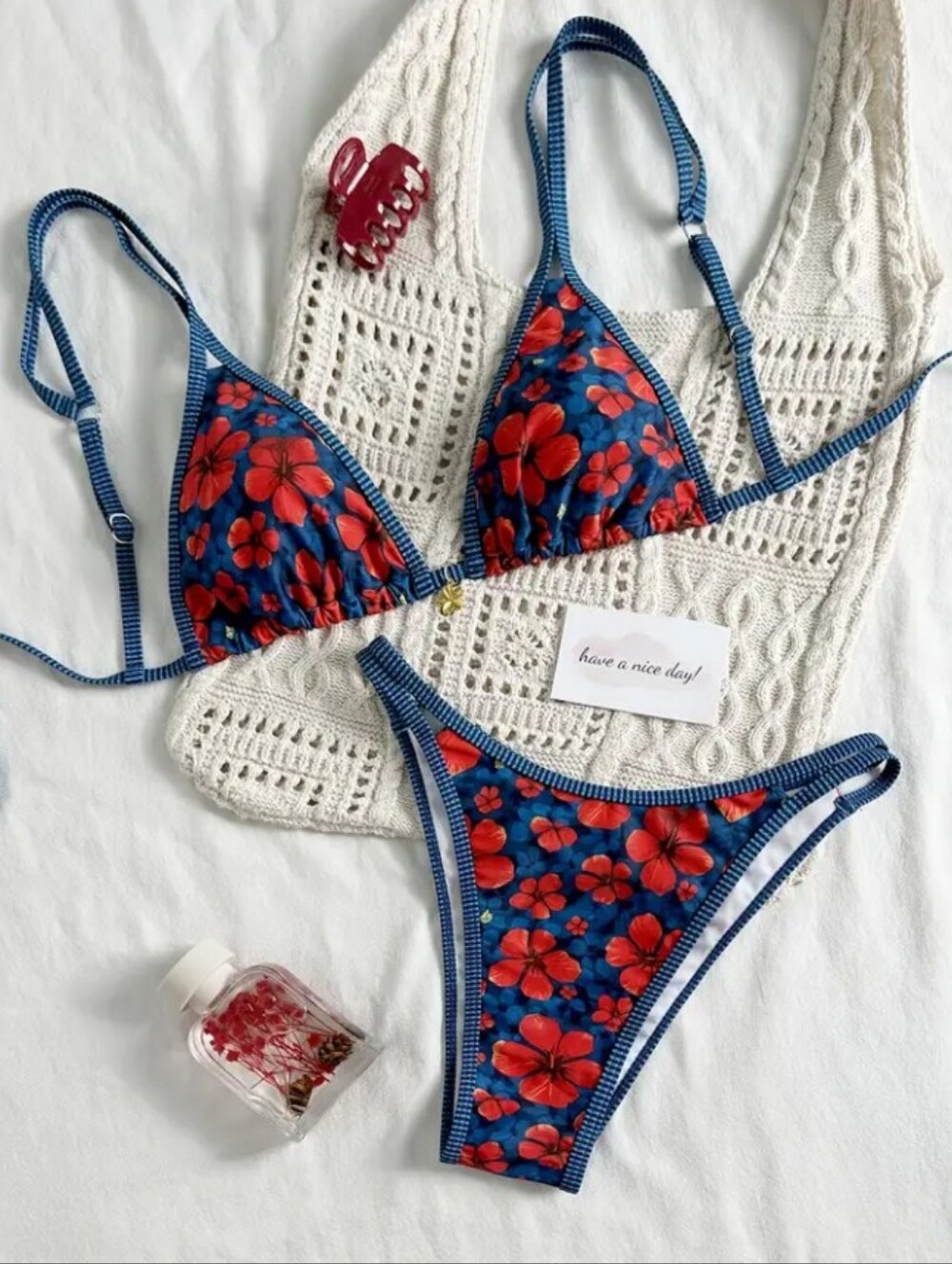 Blue And Red Floral Triangle Bikini Set - Women's Swim Size L/XL New Never Worn